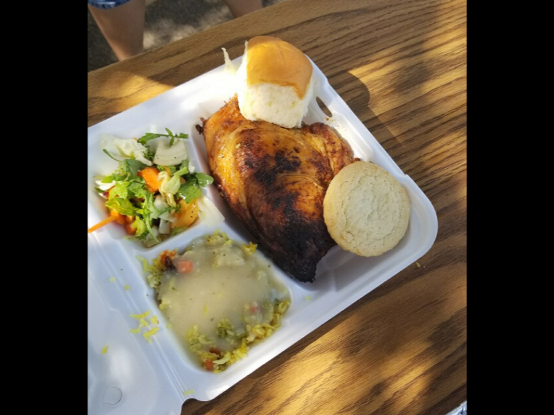 We deliver Off-site meals to the homeless during Covid 19.  This dinner included BBQ chicken, rice with gravy, a salad, a roll, and desert.  A hot nutritious meal!